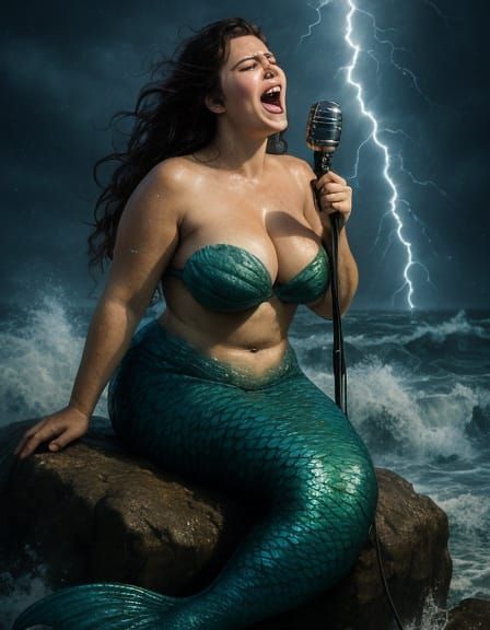 Mermaid Sings During Storm in Photographic Realism