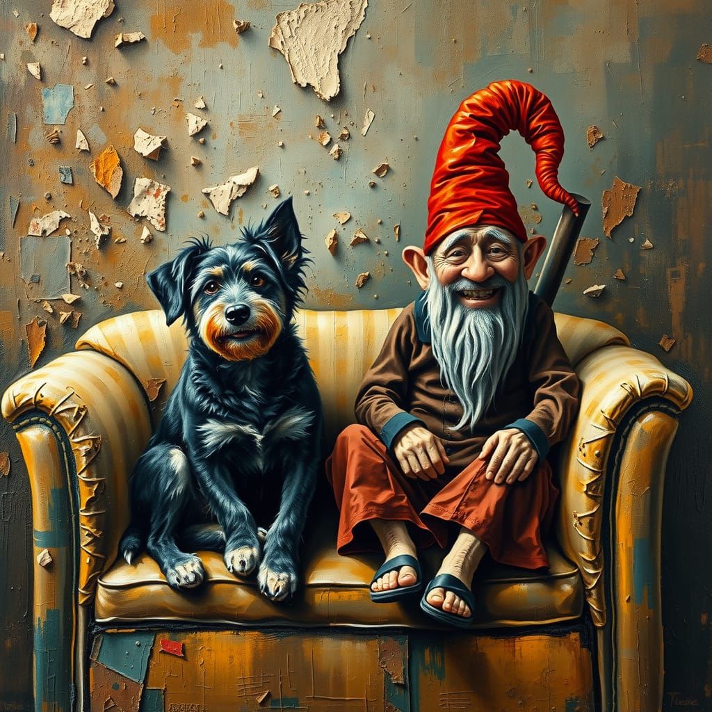 Dog and Gnome on Couch: Neo-Impressionist Oil Painting