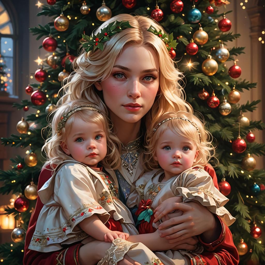 Christmas Portrait: Girl with Baby in Art Nouveau Style