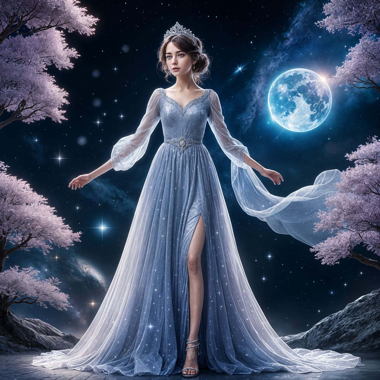 Princess Stepping Among Starry Galaxies in Shimmering Diamon...