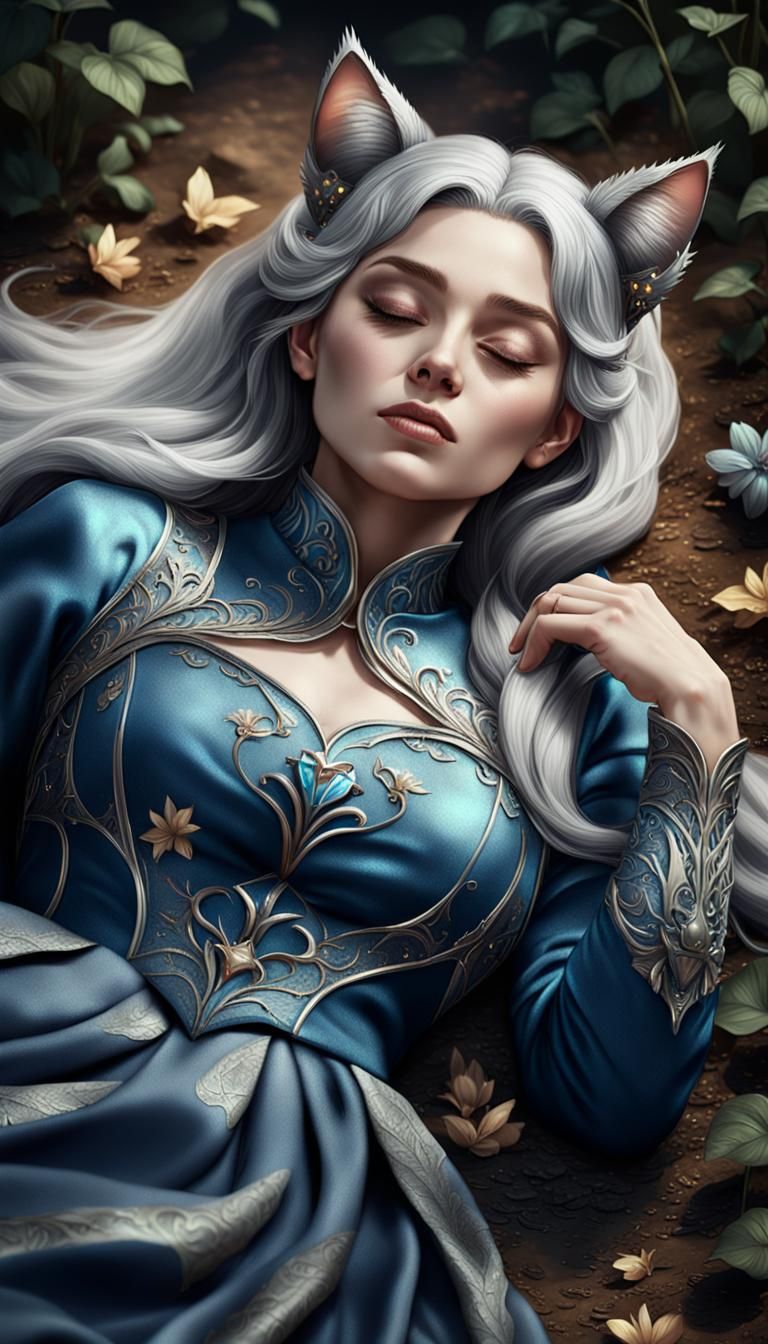 Fantasy Portrait: Woman with Cat Ears Sleeping