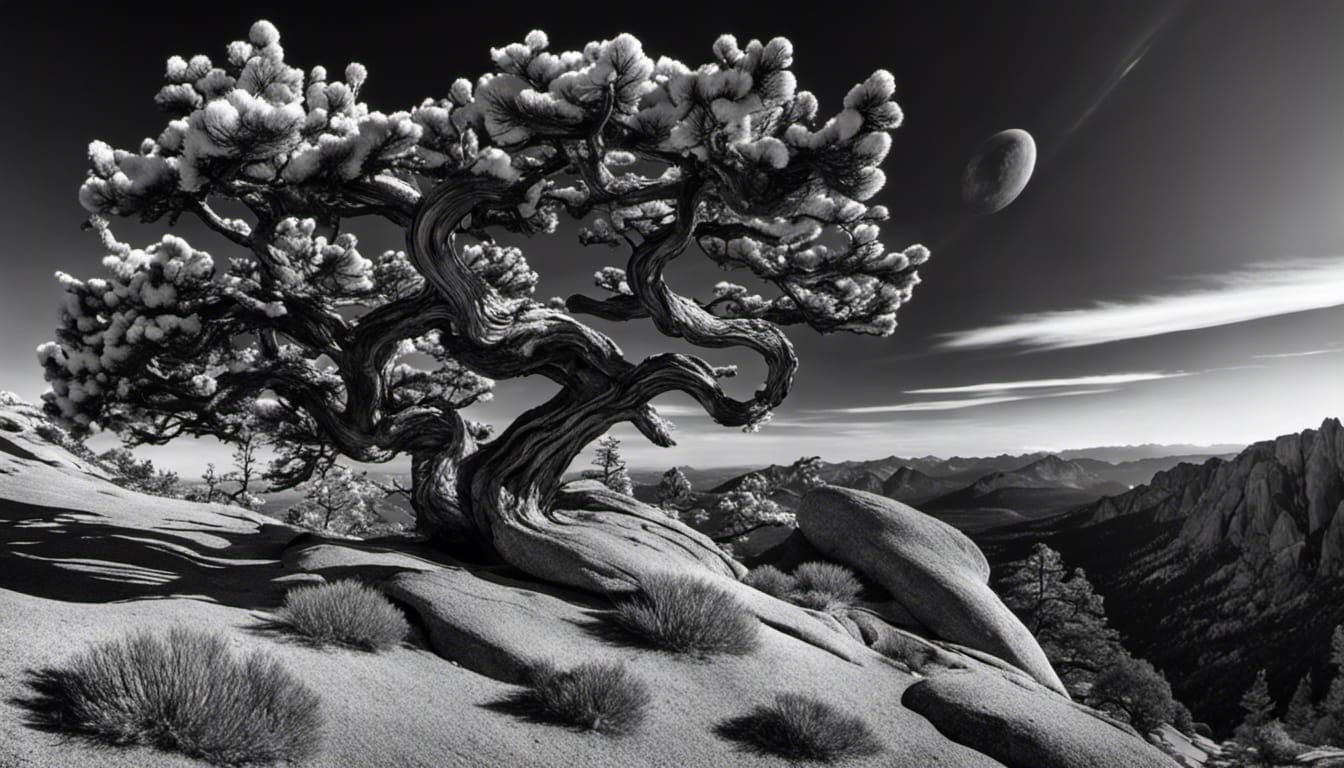 Monochrome Pine on Red Rock Plateau: Hyperdetailed Fantasy