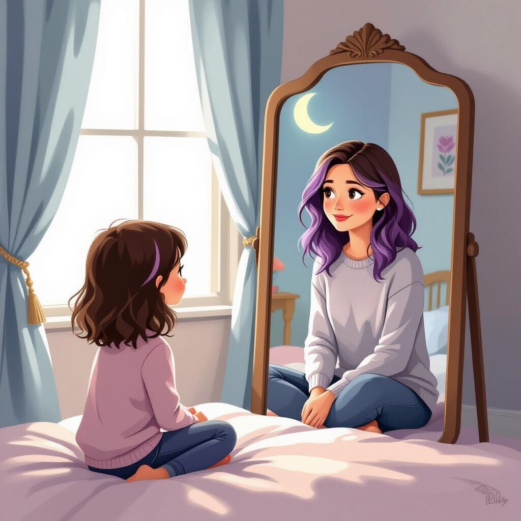 Girl Sees Future Self in Mirror, Storybook Style