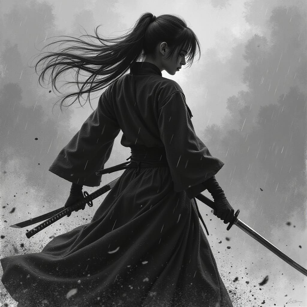 Majestic Female Samurai in Turbulent Action