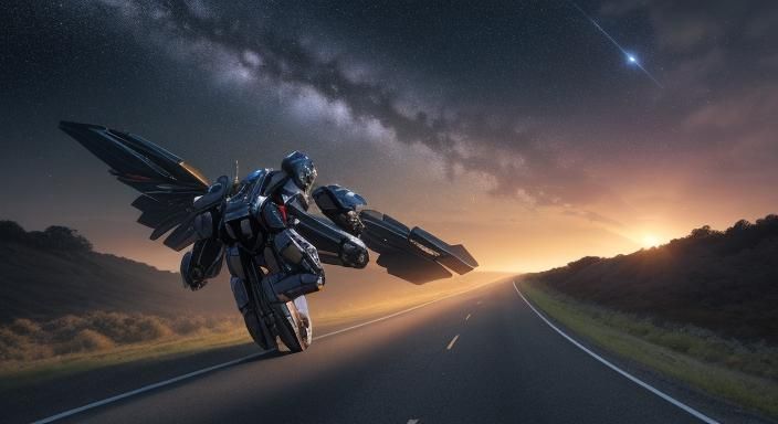 Black Transformer Robot Under a Falling Star