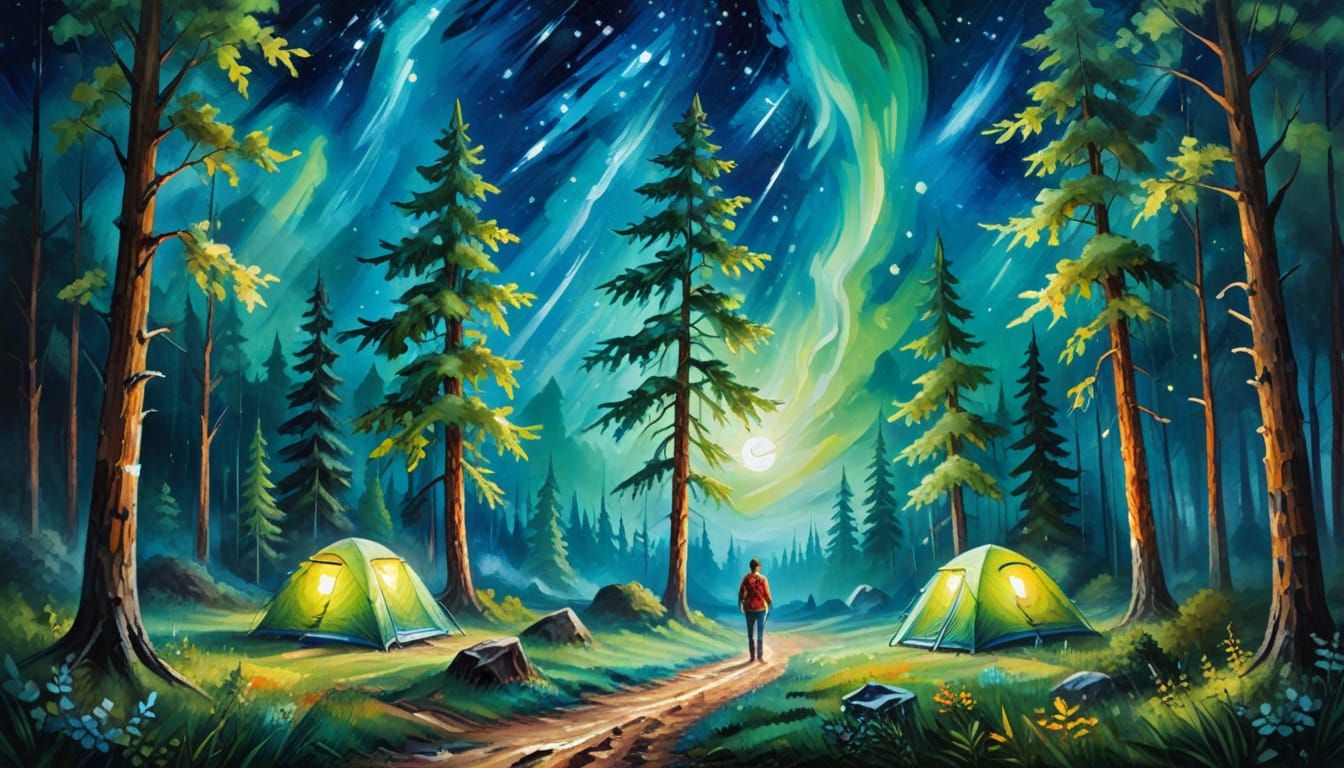 Magical Forest Camping Under Aurora Borealis as Oil Painting