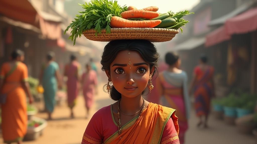 Indian Woman with Vegetables in 3D Pixar Style