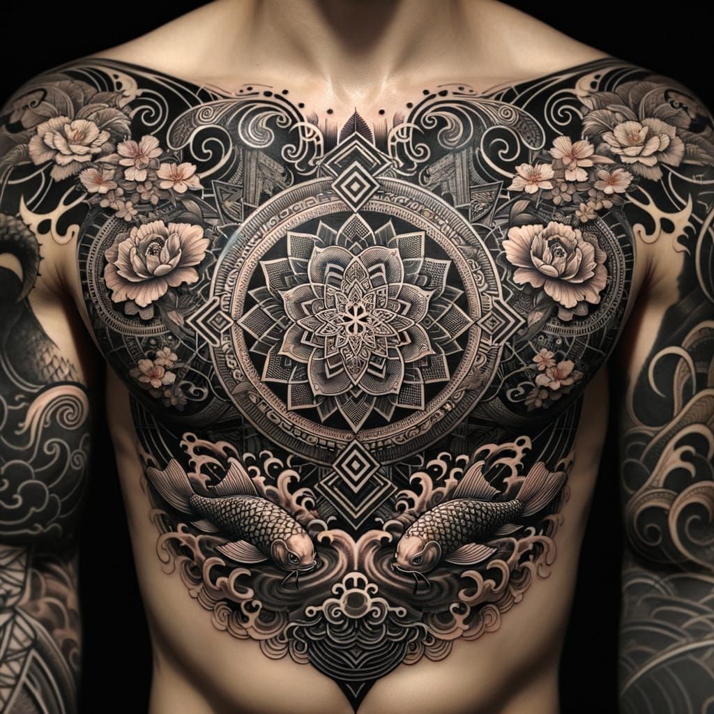Traditional Japanese Blackwork Chest Tattoo Design for Men