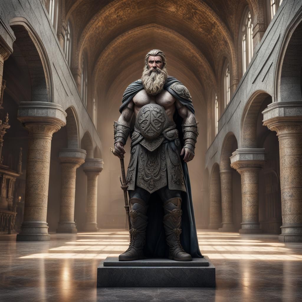 Granite Statue of Fantasy Warrior in Castle Hall