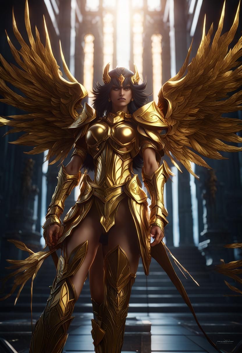 Winged Female Warrior in Gold Armor