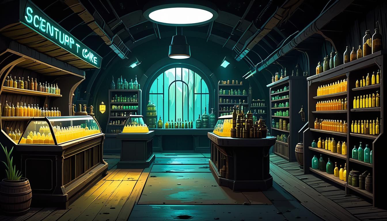 Sci-Fi Potion Shop Interior in Cartoon Style