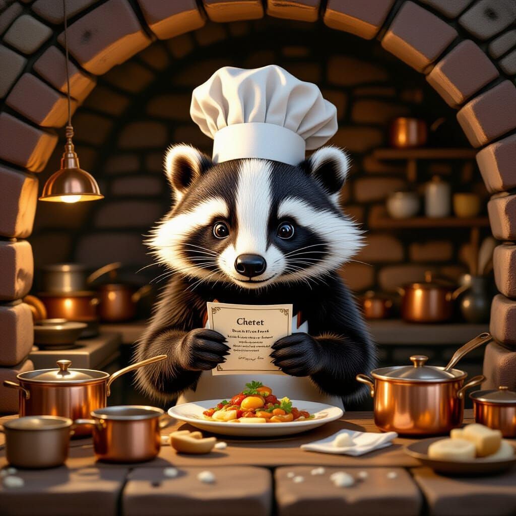 Shy Badger Chef Cooks Gourmet Meal in Cozy Kitchen