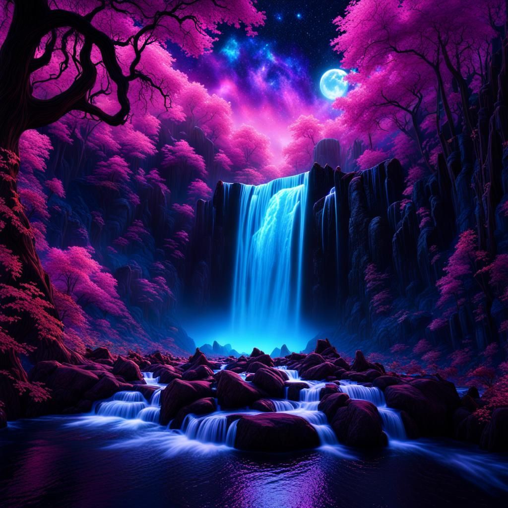 Epic Fantasy Waterfall in Vibrant Triadic Colors