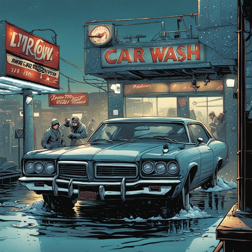 Dynamic Car Wash Scene in Comic Book Style