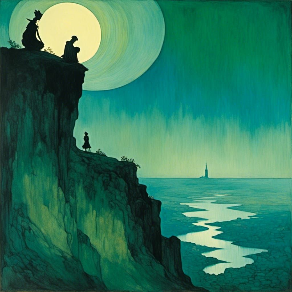 Silhouette on Cliff Edge in Surreal Oil Painting