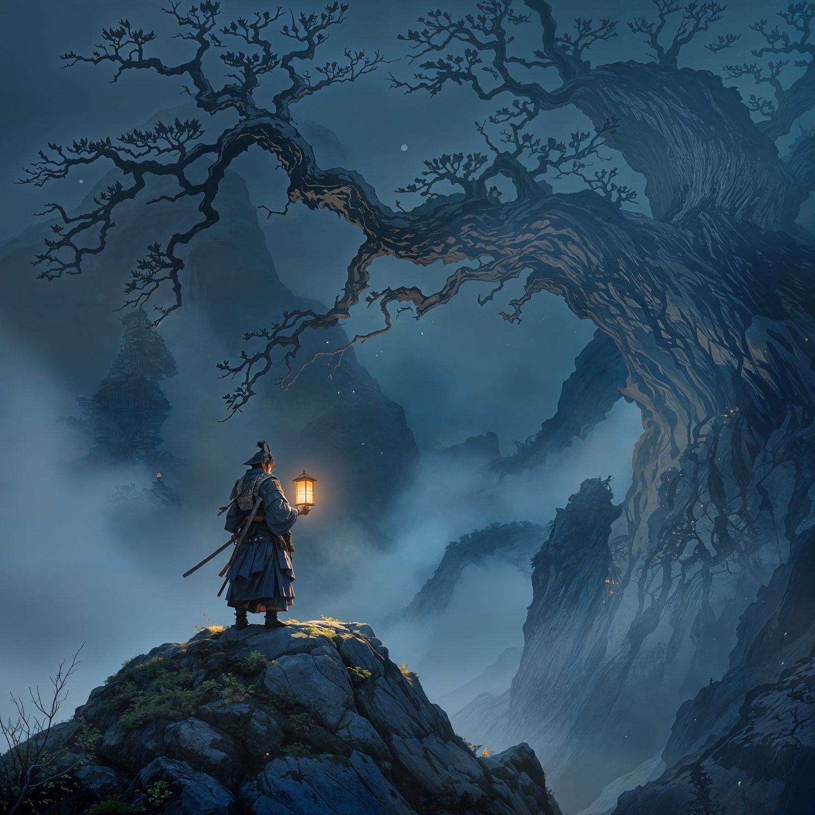 Samurai on Misty Peak in Ukiyo-e Style