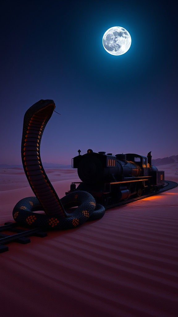 Cobra and War Train in Moonlit Desert Landscape