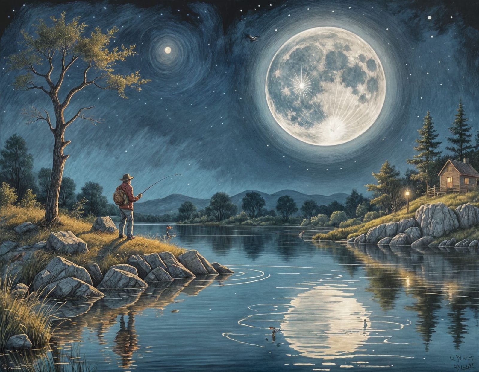 Man Fishing Under Full Moon in Dreamy Landscape