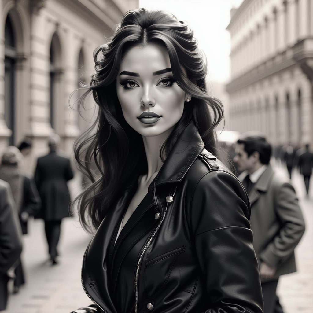 Glamorous Woman Strolling Through Vienna in a Comic Sketch S...