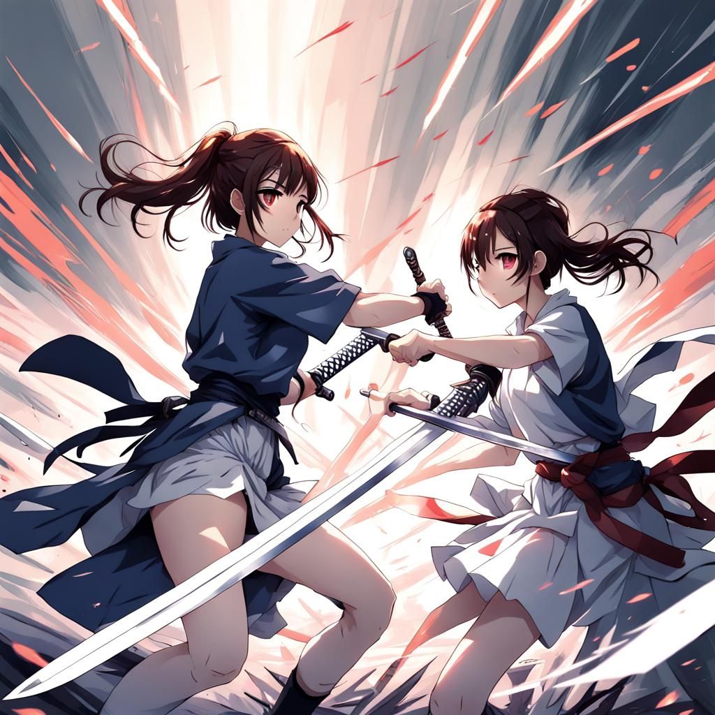 Anime Girl Sword Fight in Manga Style