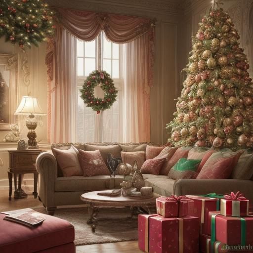 Festive Christmas Scene with Decorated Tree in Splash Art St...