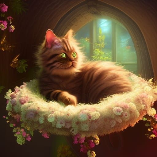 Furry Cat in Basket: Detailed Fantasy Painting
