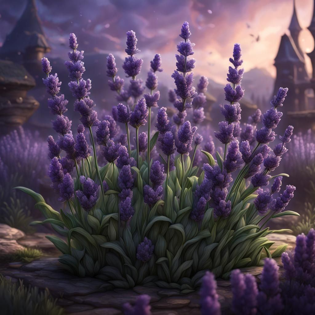 A detailed drawing of a lavender plant, with its purple flowers and green leaves