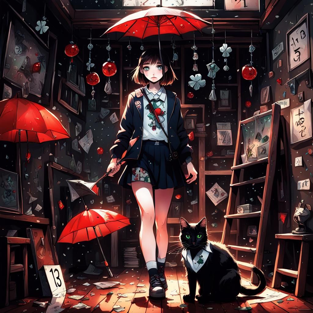 Girl with Umbrella and Cat: Dark Fantasy Art