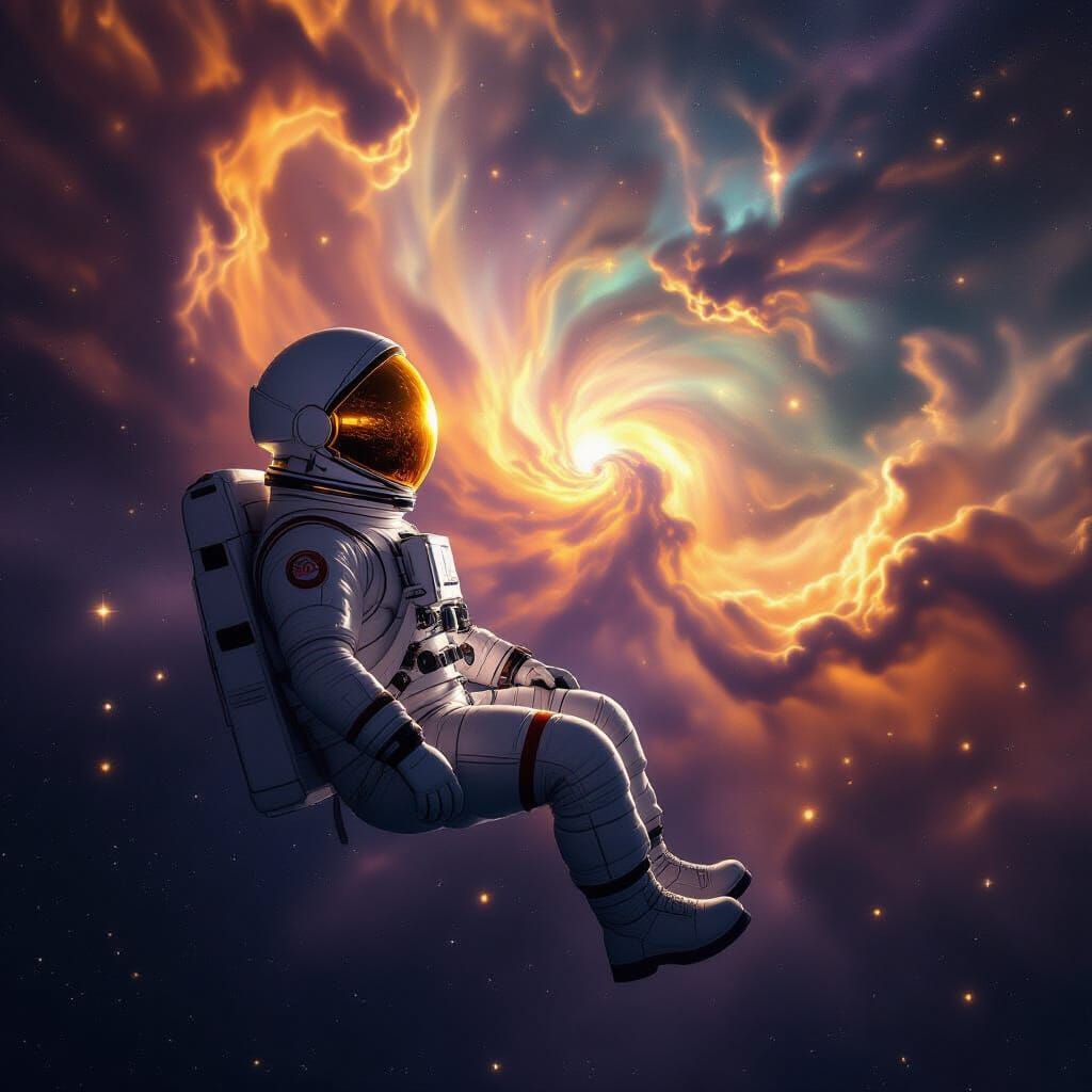 Astronaut Gazes at Golden Amethyst Nebula in Cinematic Space