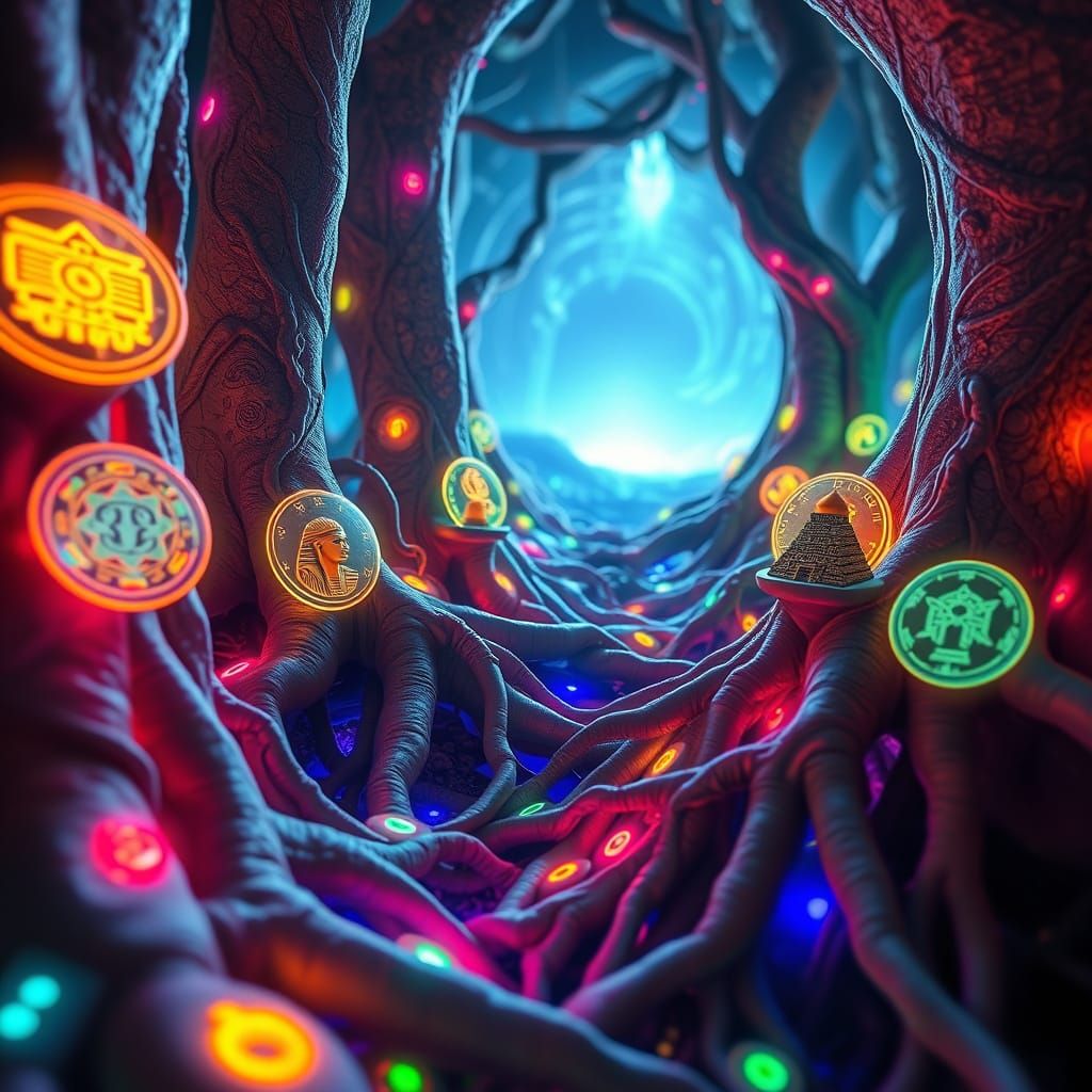 Bioluminescent Roots in Cosmic Void, Visionary Art Style