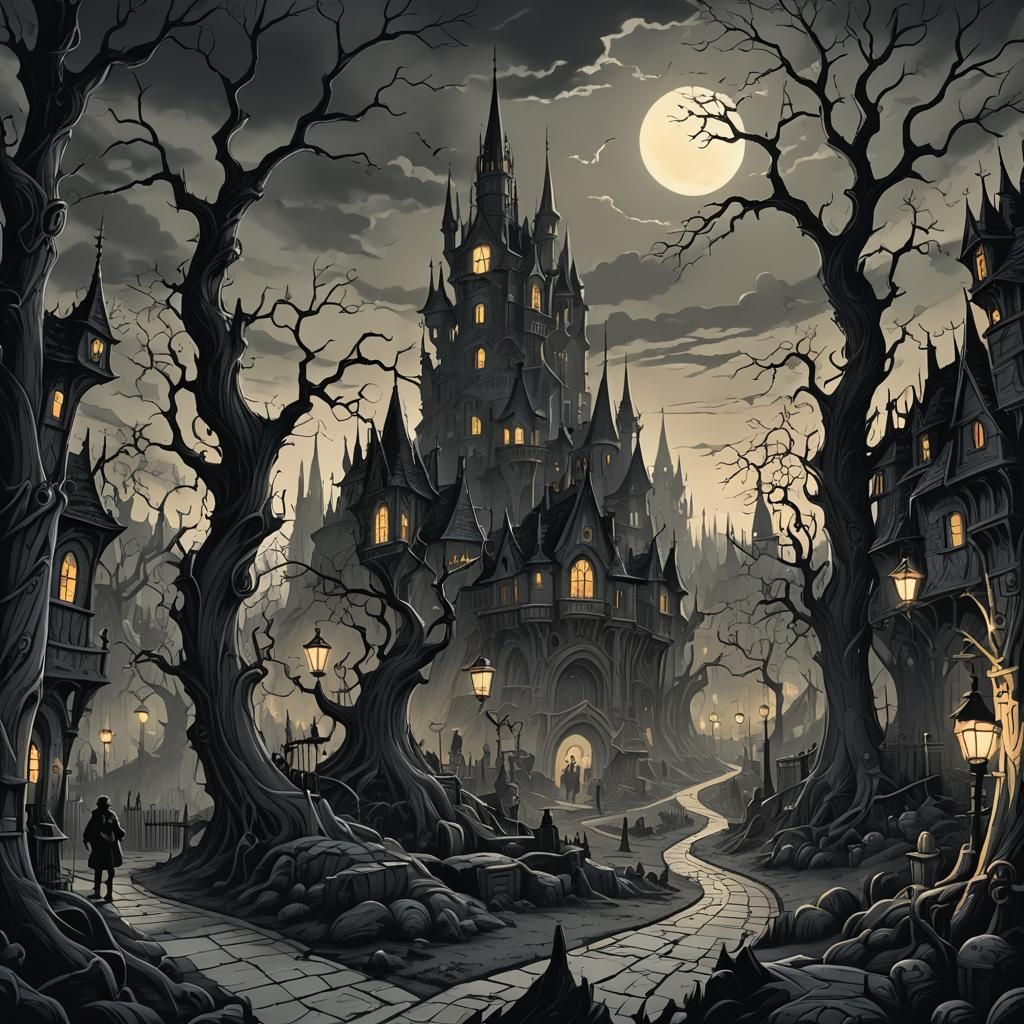 Dark Fantasy Cartoon Cityscape in Gothic Style