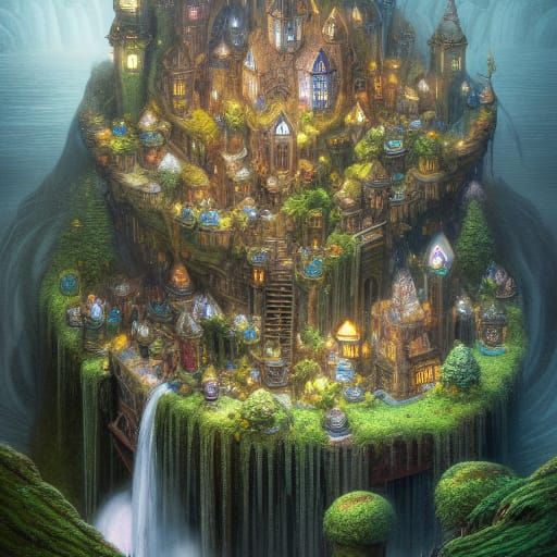 Elfpunk Town on Waterfall: Detailed Digital Painting