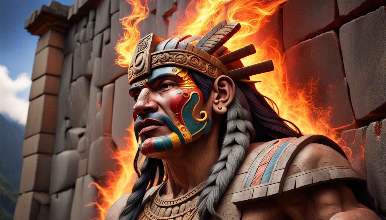 Inca God Models Machu Picchu Wall with Flames
