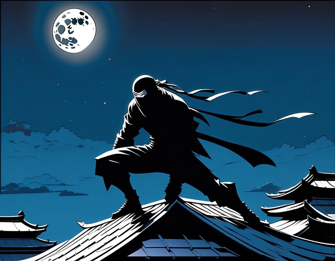 Ninja Silhouette on Roof in Comic Book Style