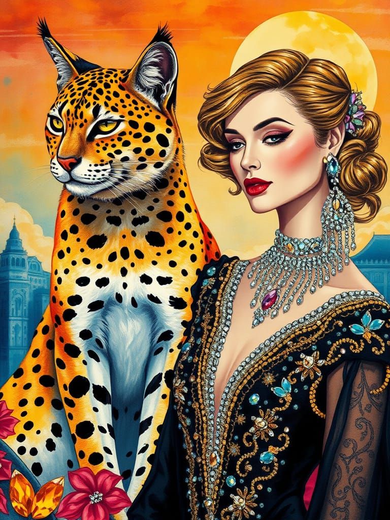 Elegant Woman and Gemstone Cat in Crystal Landscape