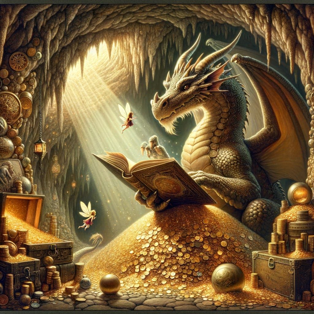 Ancient Dragon Reads in Gemstone Cave Illustration