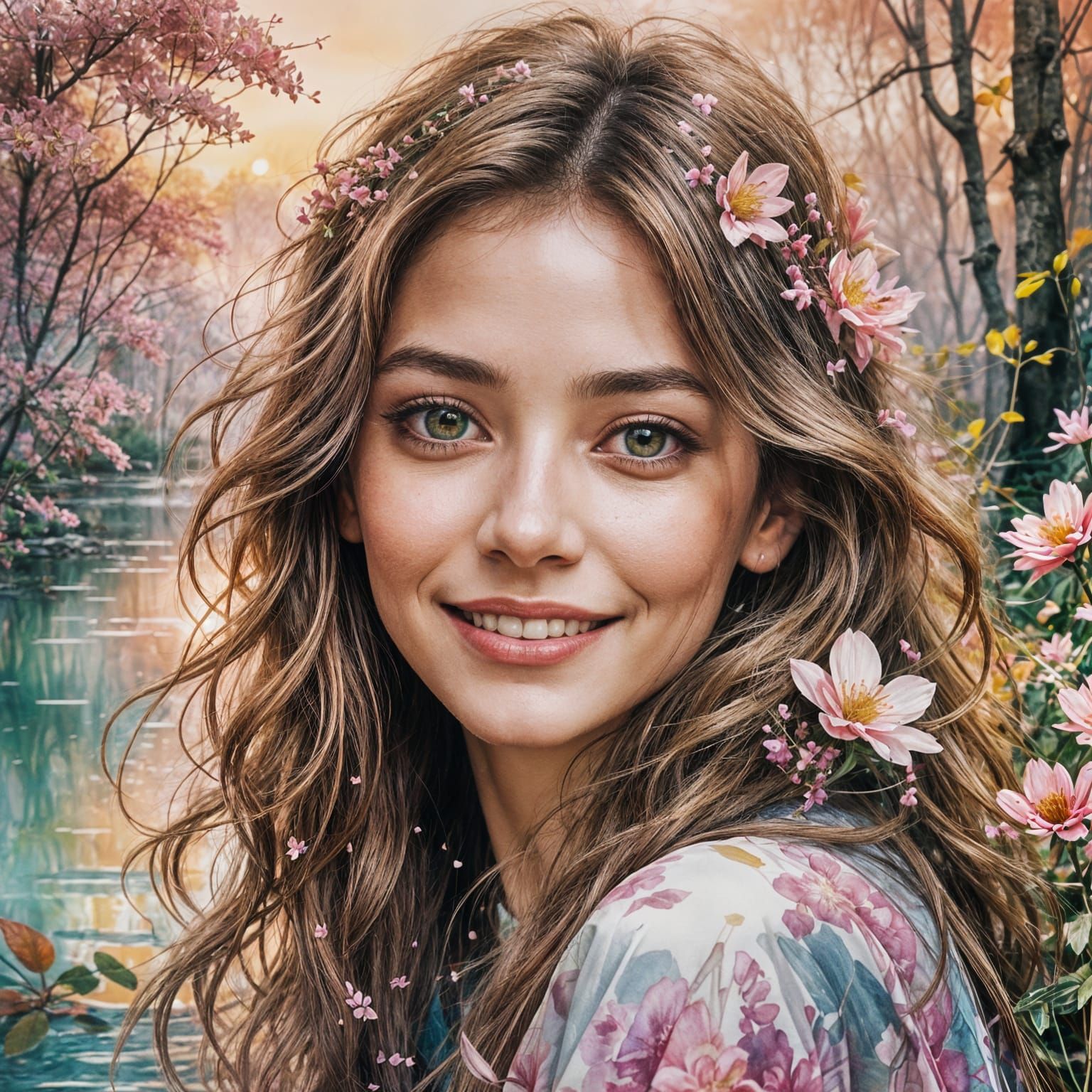 Smiling Woman Portrait in Ethereal Forest, Watercolor Art