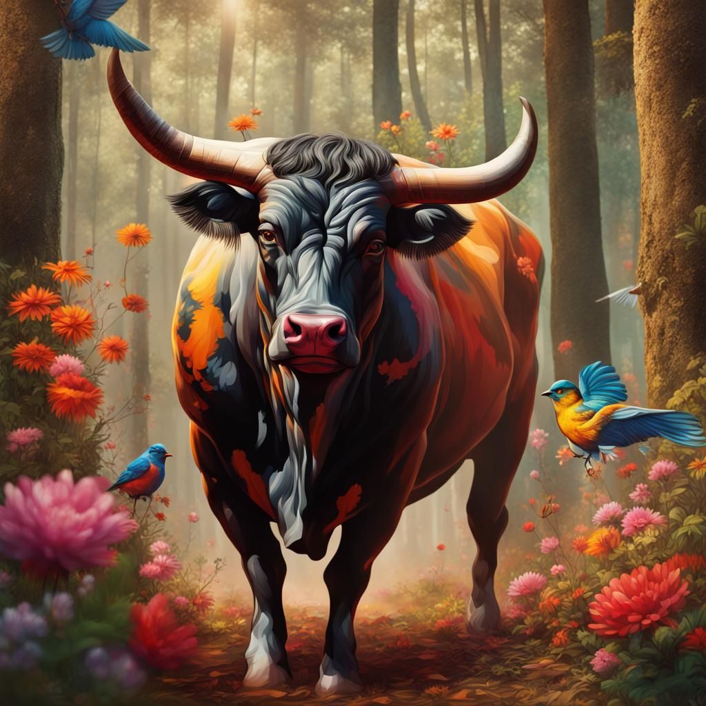 Hyperrealistic Spanish Bull in Forest