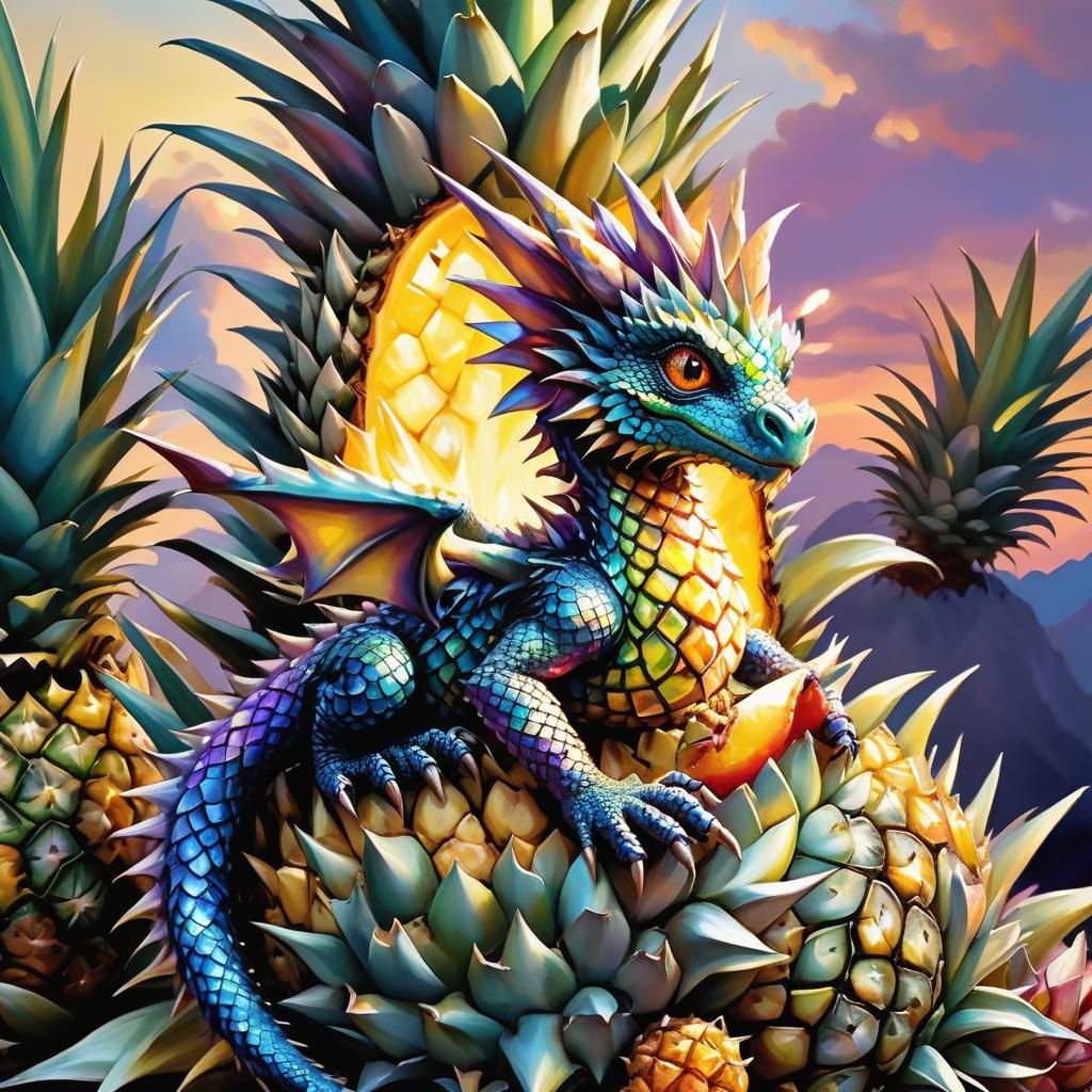 Dragon-Pineapple Fusion: A Surreal Oil Painting