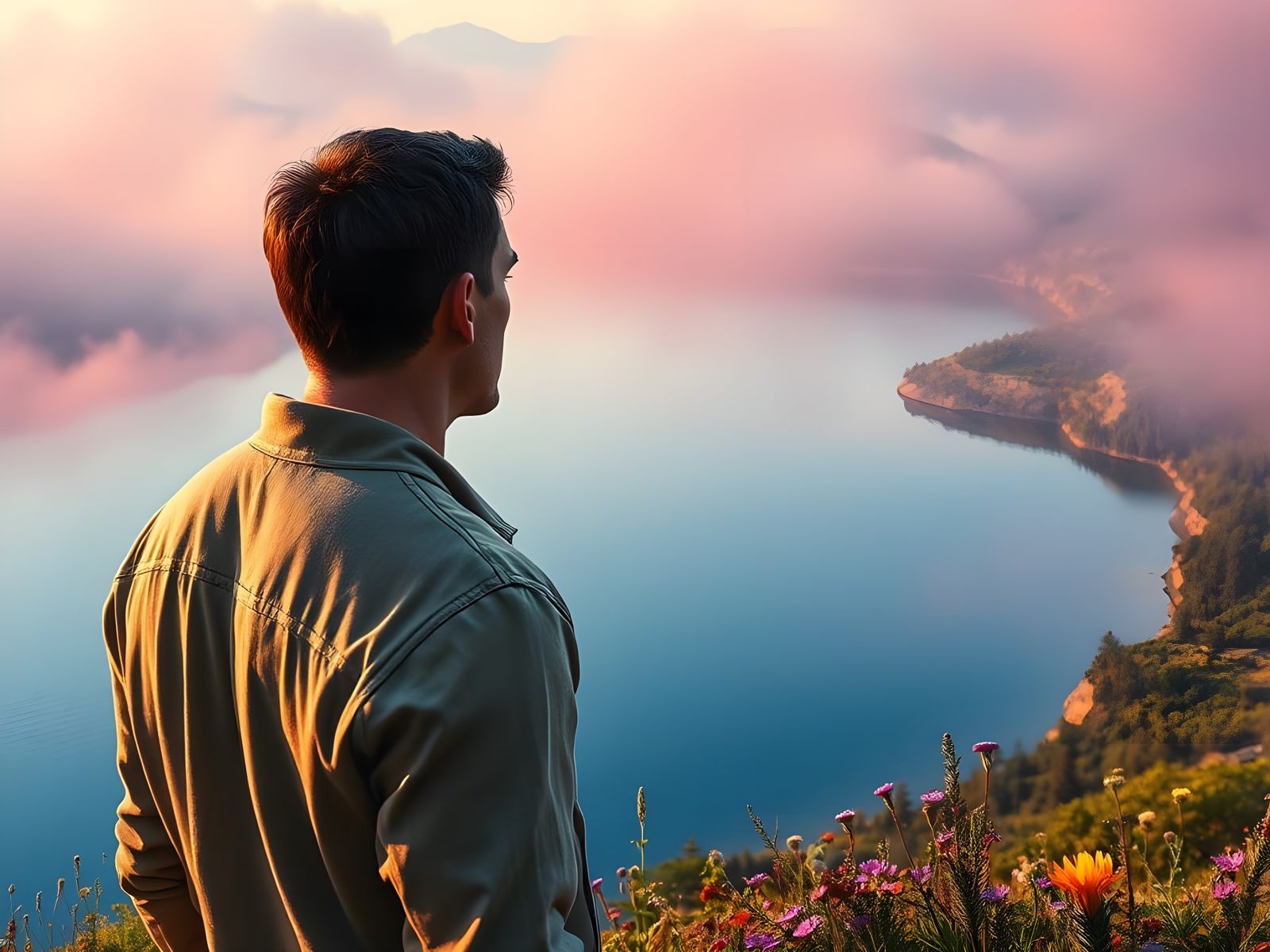 A Handsome Man Stands on the Edge of a Serene Blue Lake
