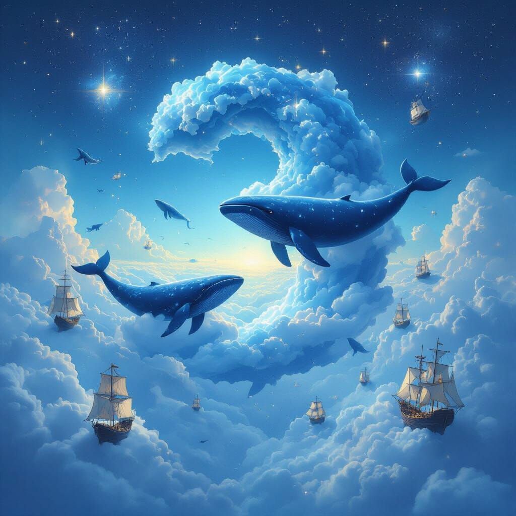 Whales Float Through Surreal Sky-Ocean Dreamscape