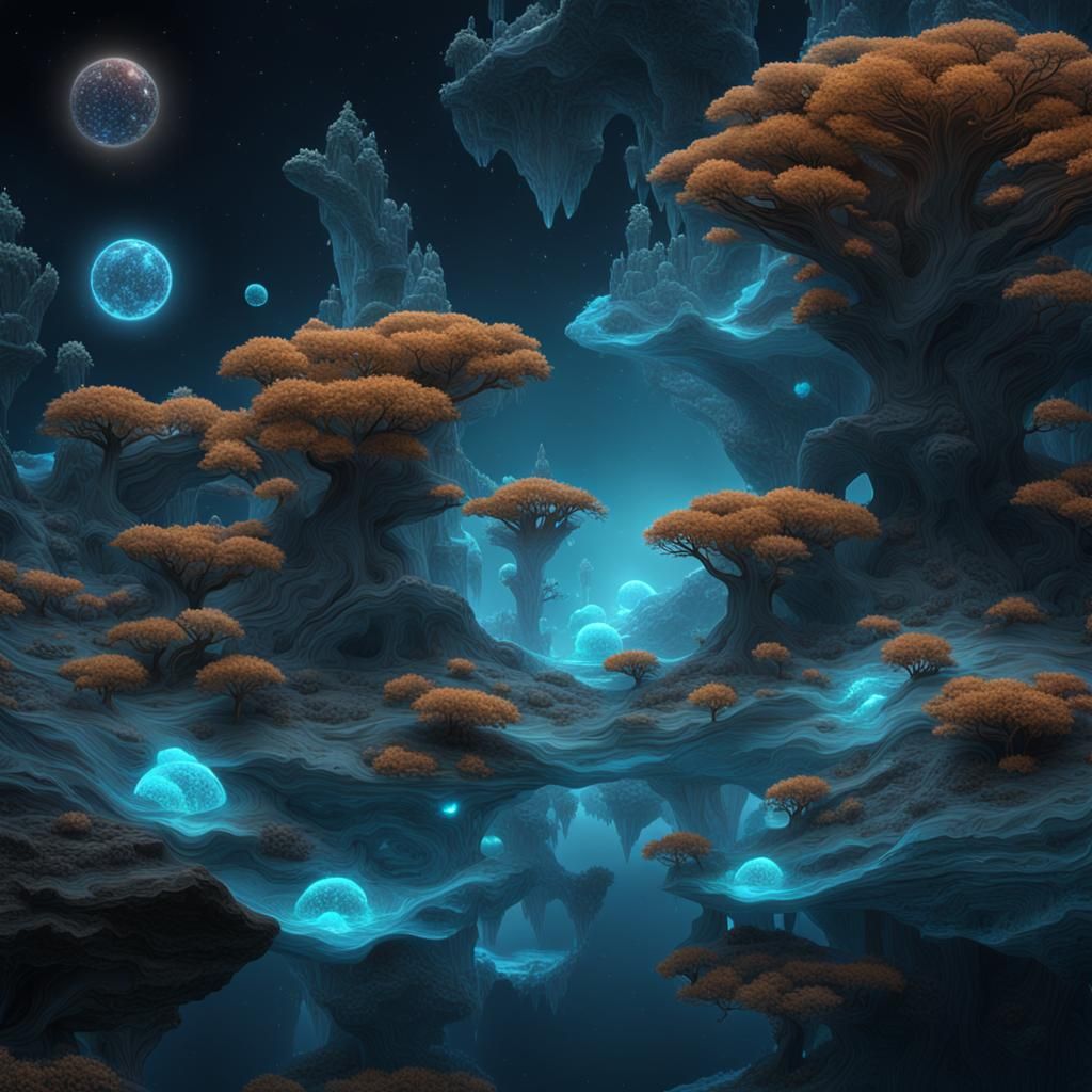 Bioluminescent Landscape Floating in Fractal Space
