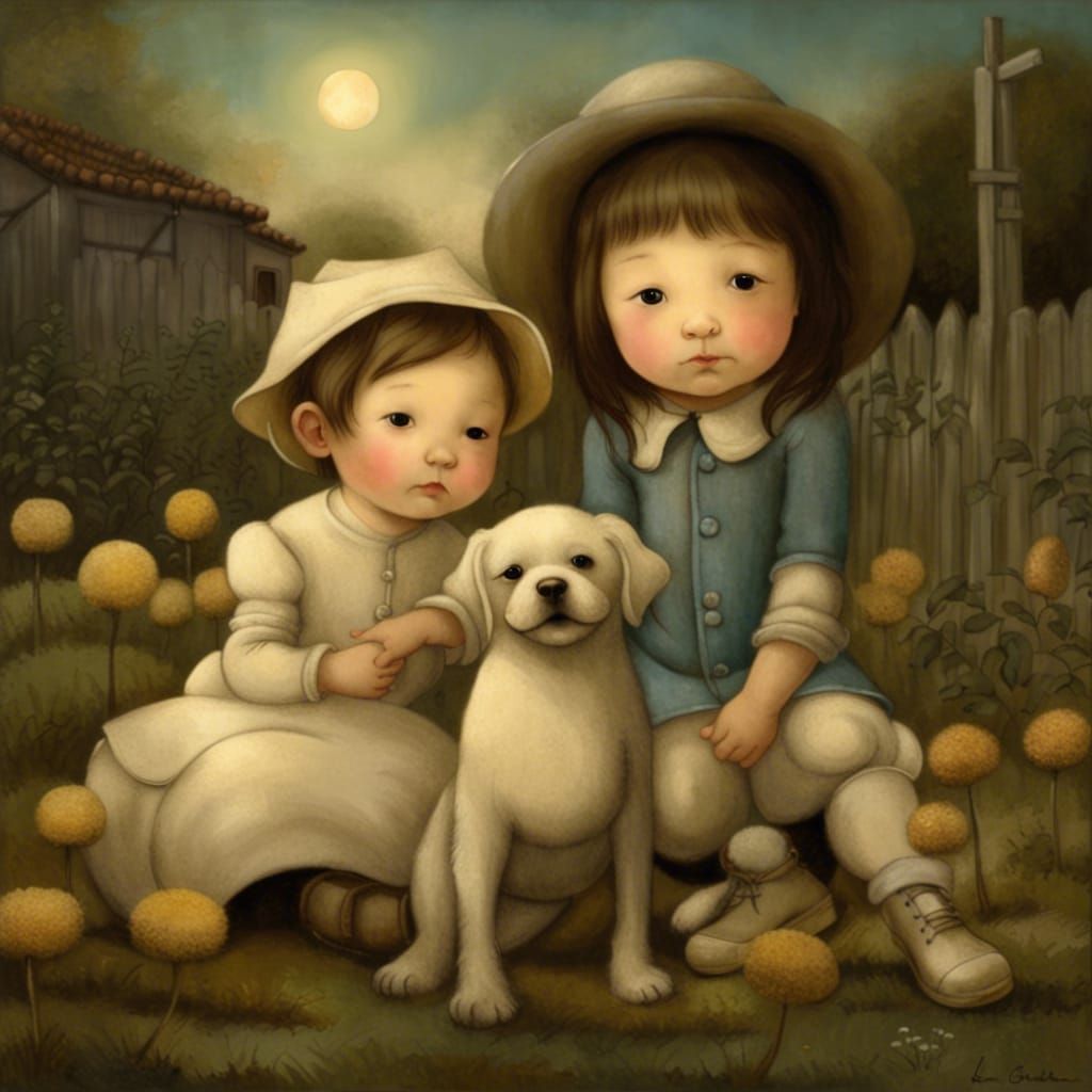 Toddler Siblings and Dog Playing in Garden