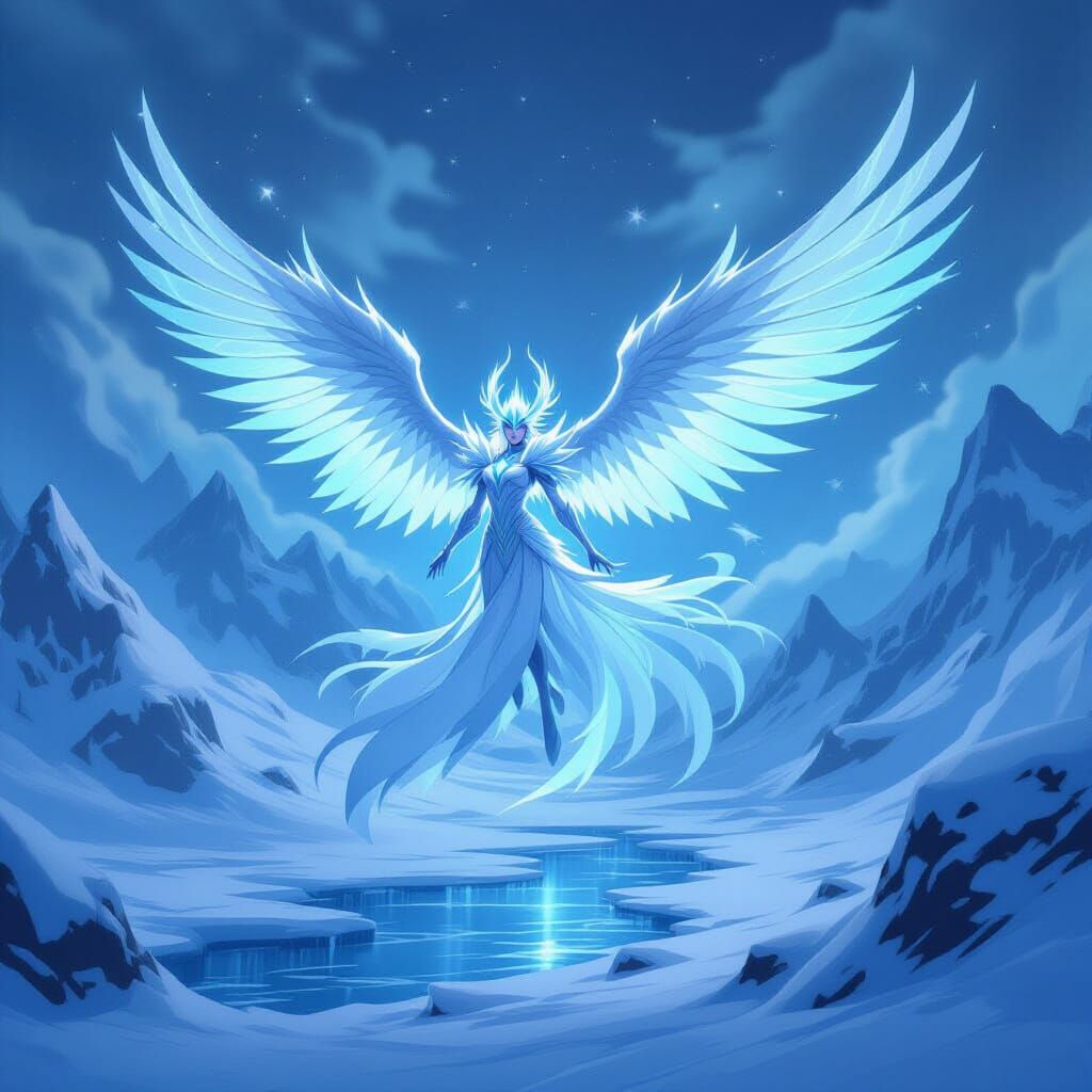 Anivia Soaring Through a Glacial Storm, Anime Style