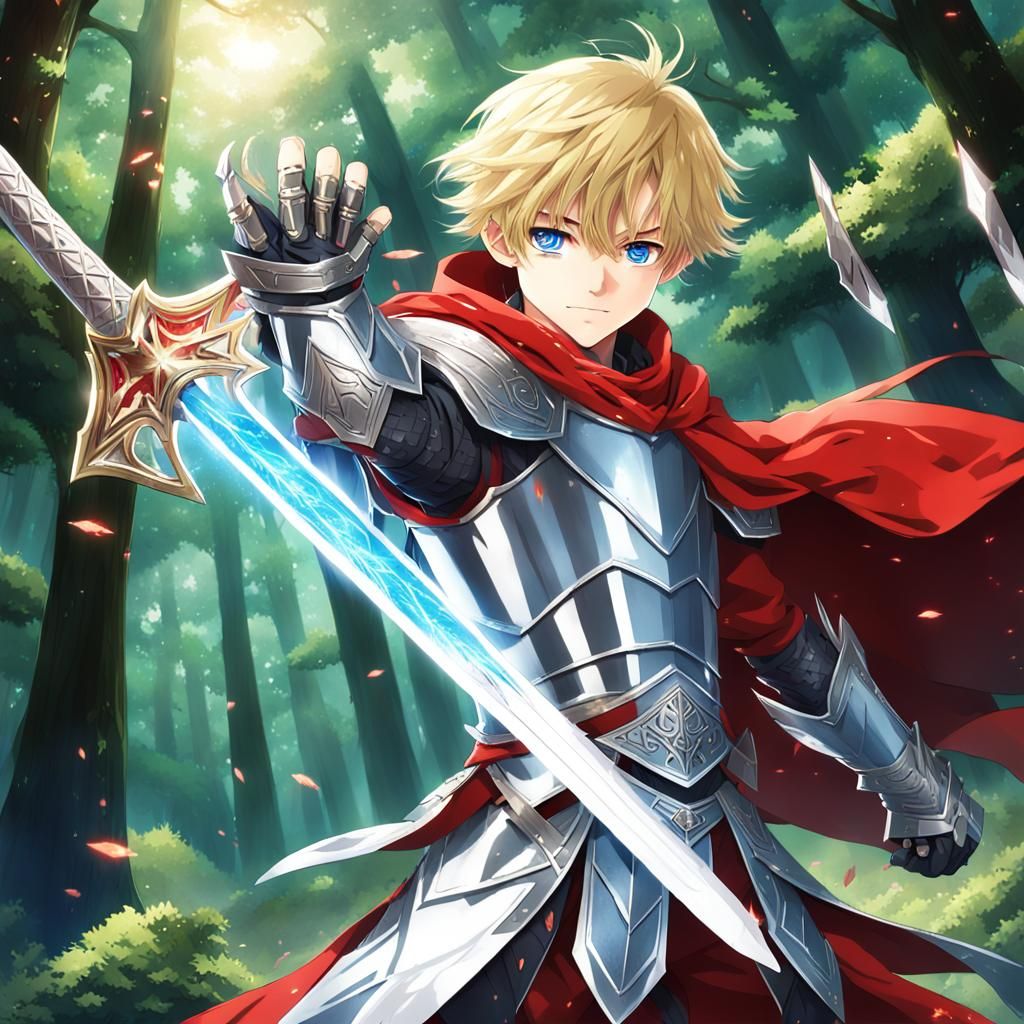 Fantasy Boy Warrior in Anime Style with Magic Sword