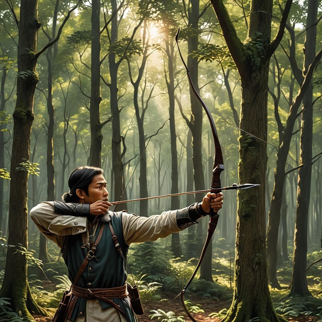 Archer Aims in Forest Sunlight