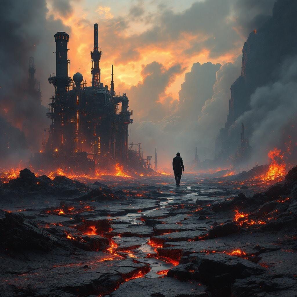 Surreal War-Torn Landscape with Neon Lights