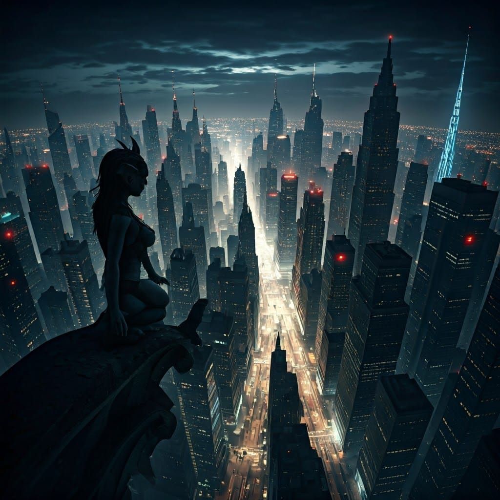 Gargoyle Over Neon Megacity at Night