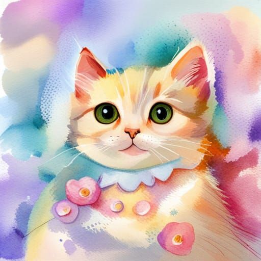 Watercolor Kitten in Lace Bib and Bonnet