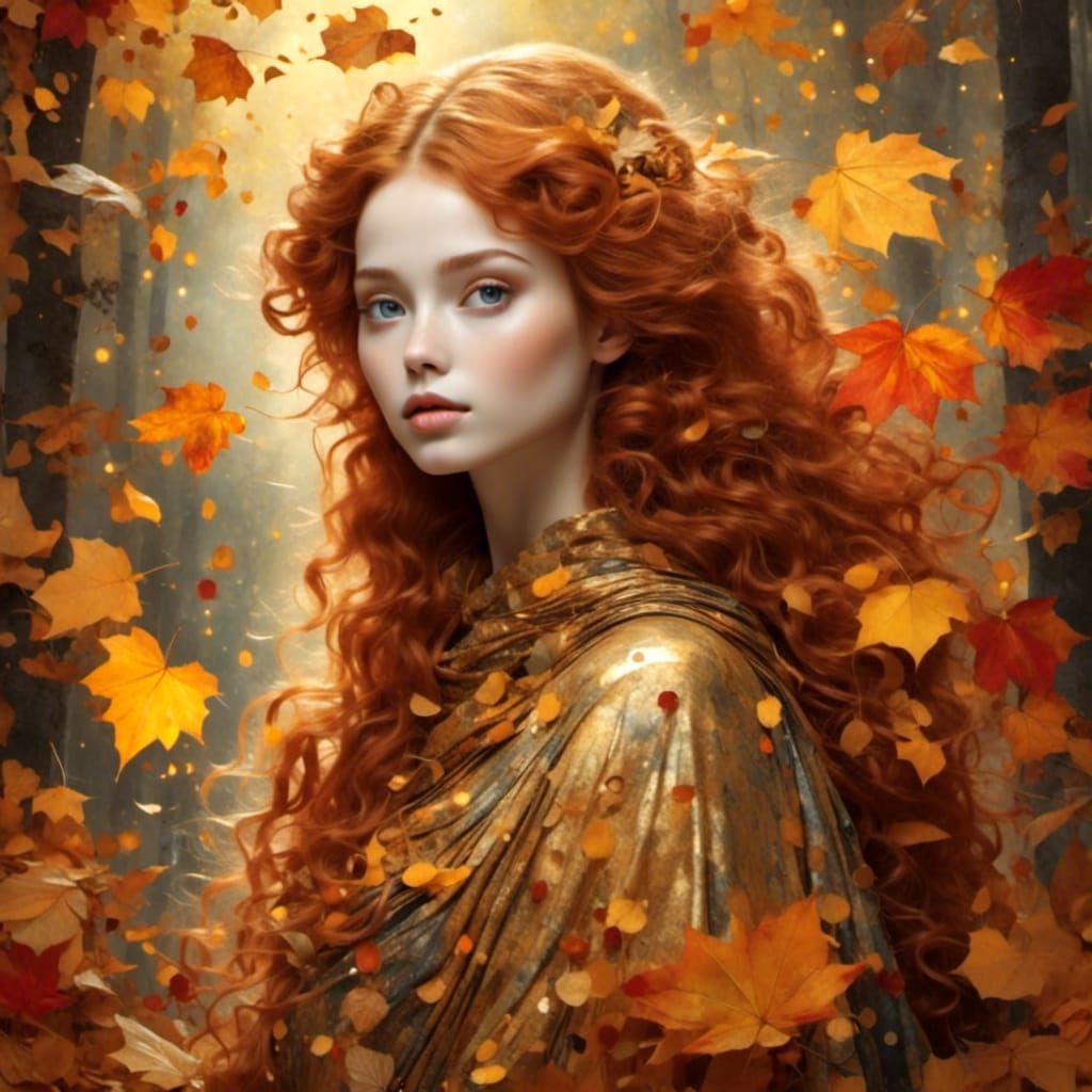 Autumn Fairy in Forest of Red and Gold